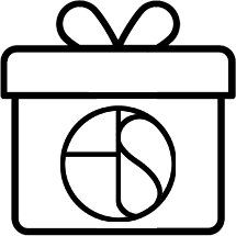 Der schwarz-weiße Umriss einer Geschenkbox mit einer Schleife oben drauf. Die Vorderseite der Box weist ein kreisförmiges Design mit abstrakten Mustern auf, die in Segmente unterteilt sind.