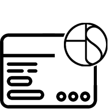 Symbol einer Kreditkarte mit einem Globus in der Ecke. Die Karte hat Linien, die Text darstellen, und drei kreisförmige Formen am unteren Rand, die Schaltflächen oder Funktionen suggerieren. Der Globus kann internationale oder Online-Transaktionen bedeuten.